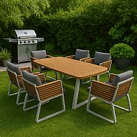 Wing Dining Set 7 τμχ – Τραπεζαρία Σύγχρονης Αισθητικής από Αλουμίνιο, Ξύλο Teak & Υφαντό Σχοινί