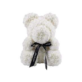 Αρκουδάκι από άσπρα τριαντάφυλλα με φιογκάκι σε συσκευασία δώρου, 25cm Μαλέλης 