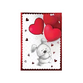 Κάρτα Αρκουδάκι Λευκό με κόκκινα μπαλόνια καρδιές  σε λευκό φάκελο  17x12cm Μαλέλης 