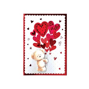 Κάρτα Αρκουδάκι Μπεζ με κόκκινα μπαλόνια καρδιές  σε λευκό φάκελο  17x12cm Μαλέλης 