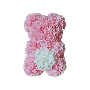 Αρκουδάκι από ροζ τριαντάφυλλα και άσπρη καρδιά σε συσκευασία δώρου, 25 cm Μαλέλης 