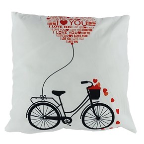 Μαξιλάρι Τετράγωνο Λευκό Μαλέλης Ποδήλατο Μαύρο με κόκκινες Καρδιές 41x41cm 