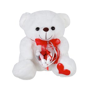 Λούτρινο αρκουδάκι  Λευκό με Πον Πον μέσα σε πλαστική καρδιά 30cm Much  