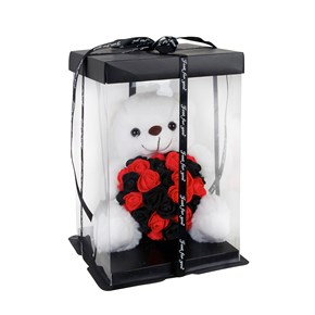 Λούτρινο αρκουδάκι μέσα σε κουτί  Λευκό με καρδιά Τριαντάφυλλα Μαύρο/κόκκινη 30cm Much